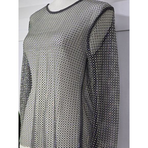 Rachel Zoe Gray Mesh Top Sparkle Iridescence Rhinestone Stretch Bling Small - Picture 2 of 7